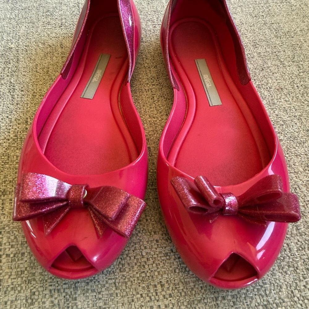 Hot Pink Melissa Peep-Toe Flats with Glitter Bow